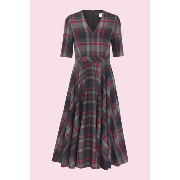 NWT The Pretty Dress Company Myla Tartan Plaid Midi Dress | Red Gray | SZ 8 - Picture 1 of 10